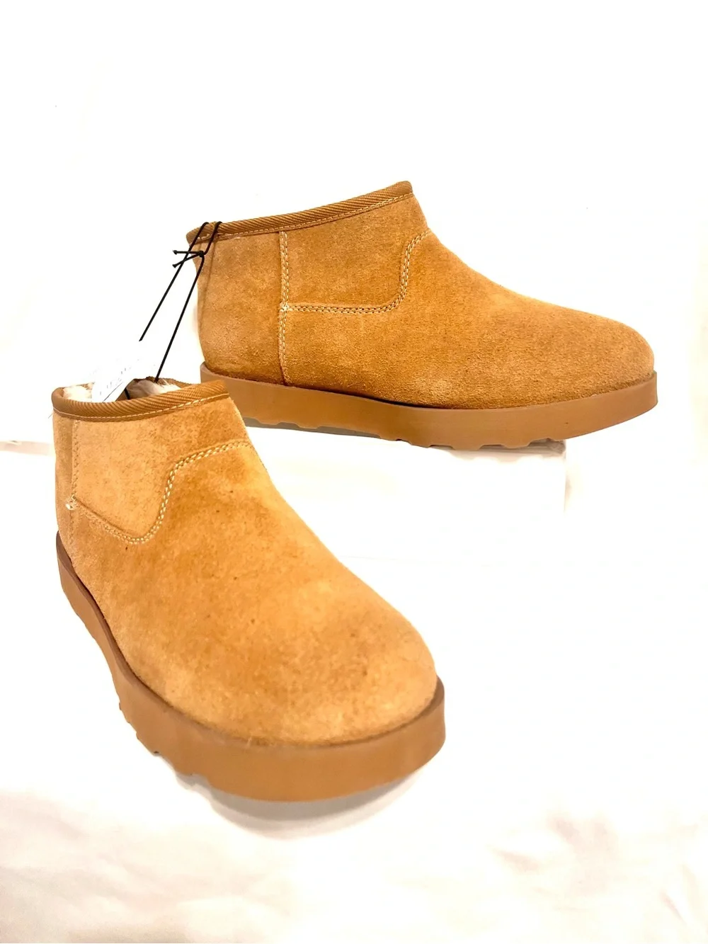 Time and Tru-NWT-Women's Ankle Boots-Tan-Leather Suede-Slip On-Sz. 8-Faux Fur
